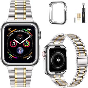 MioHHR Solid Stainless Steel Band Compatible with Apple Watch 45mm, Metal Strap with Soft TPU Case for iWatch Series 9 8 7 45mm Women and Men, Silver/Gold