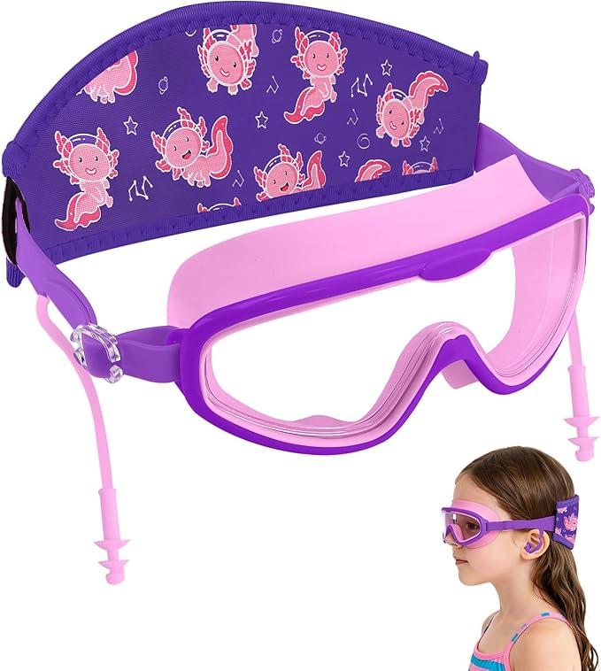 Axolotl Toddler Swim Goggle，Fabric Strap Pain-Free, Anti-Fog，Anti-leakage earplugs for Boys and Girls