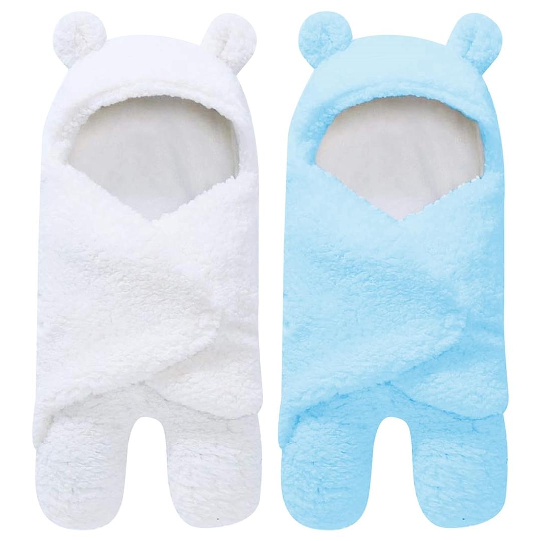 2 Pack Ultra Warm Sherpa Plush Baby Swaddle Wrap - Newborn Essentials - 0-6 Months - Aquamarine and White