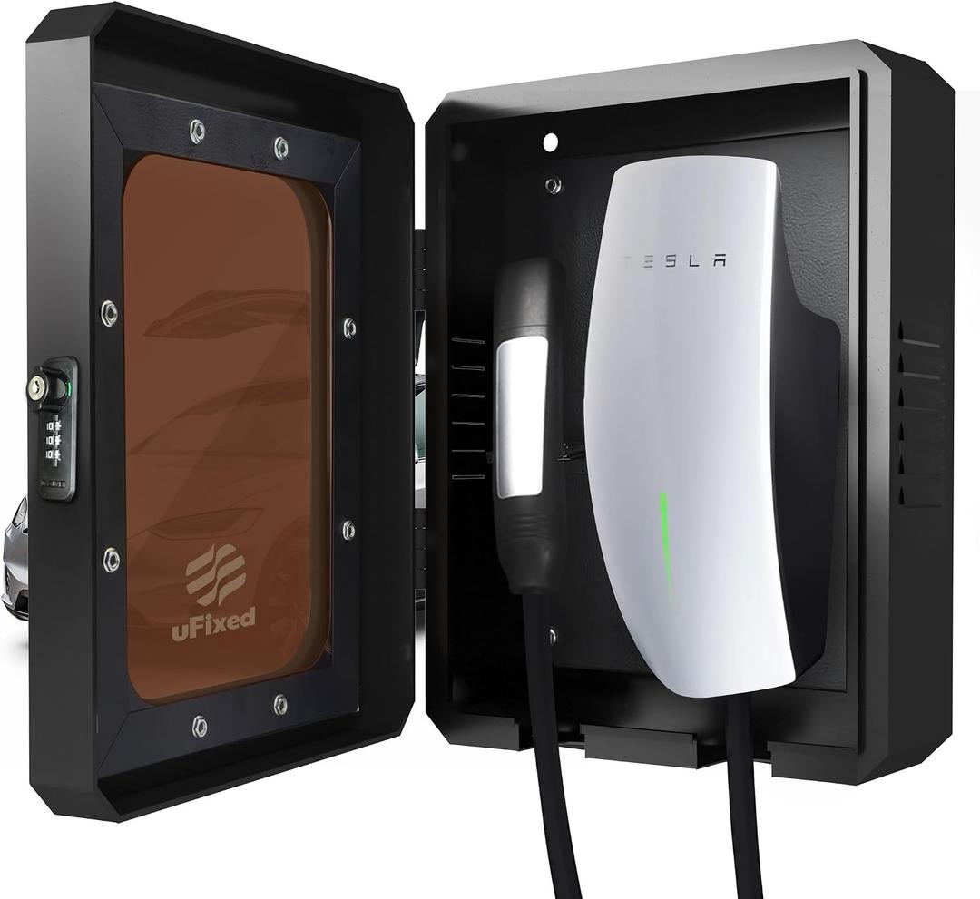 Ufixed Outdoor EV Charger Enclosure with Lock, Weatherproof Metal Wall Box for Tesla Wall Connector and ChargePoint Charger, Visible Window, Easy Installation, Black