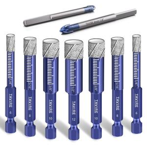 9-Piece Dry Diamond Drill Bit Set for Porcelain,Tile,Ceramic,Pot,Glass,Granite,Concrete,Masonry,Stone,Hard Materials, Hex Shank Tile Drill Bits 1/4",5/16",3/8",1/2", Ti&Tungsten Carbide Bit 1/4"