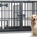 Dosker 42 inch Heavy Duty Metal Dog Crate with Divider for 2 Dogs/Large Dog, All Metal Open Top Escape Proof Cage, Indoor Dog Kennel with Wheels, Floor Grid, Tray, Feeding Bowl