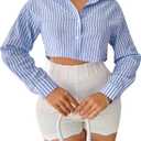 SUNNOW Women's Loose Striped Long Sleeve Shirt Cropped Long Sleeve Tops (Blue, S)