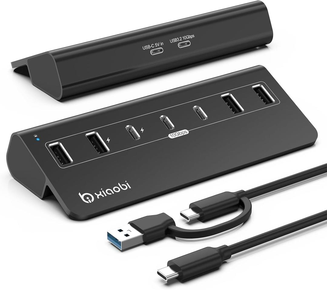 USB C Hub,Powered USB Hub with 5V 3A Power Adapter, 10Gbps USB Splitter with 4 USB-A and 3 USB-C Ports, 7-Port Type C Multiport Adapter for MacBook Air/Pro, iPhone 16/15, Laptop and More(Black)