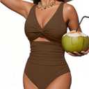 Tempt Me Women One Piece Swimsuits Tummy Control Cutout Bathing Suits Ruched V Neck Twist Front Swimwear (Large, Brown)