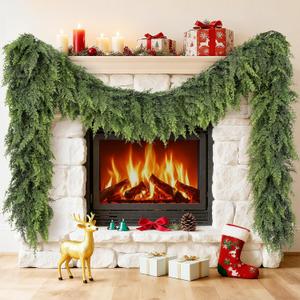 Cedar Garland 9ft Christmas Garland Real Touch Garland Artificial Realistic Greenery Cypress Pine Garlands for Mantle, Fireplace, Stairs,Table, Doorframe Vintage Outdoor Indoor Christmas Decorations