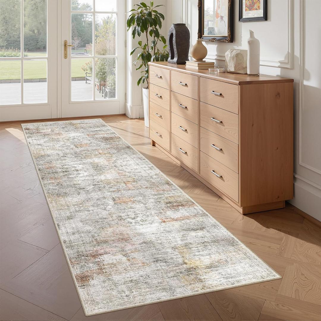 Washable Runner Rugs for Bedroom - 2x6 Runner Rug Non Slip, Ultra-Thin Entryway Runner, Soft Abstract Kitchen Runner for Hallway, Laundry, Bathroom, Indoor Door Mat(2'x6', Grey/Rust)