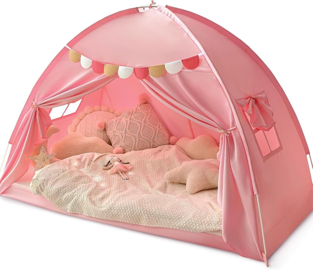 Razee Twin Bed Tent for Kids, Twin Size Bed Tents Indoor Toddler Canopy Privacy Playhouse on Bunk Sleep Inside Drafty Room for Girls, Pink, Kid House Toys for Girl Birthday