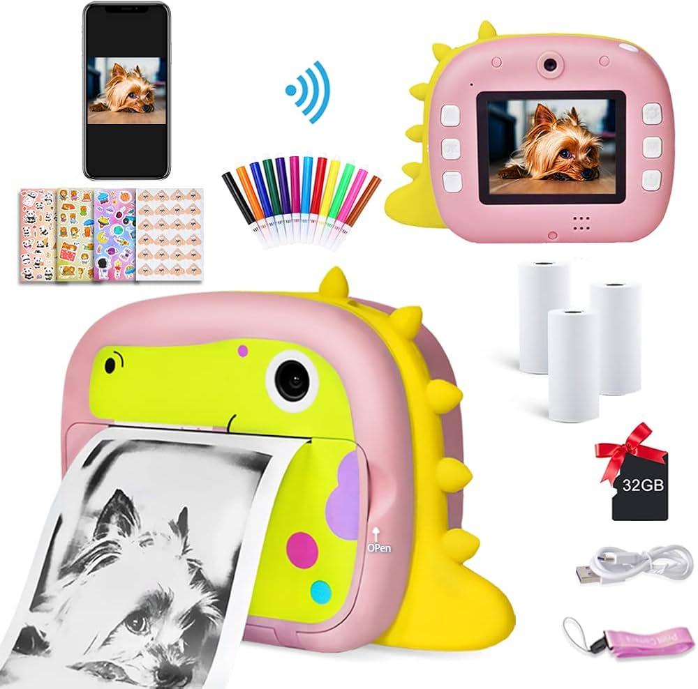 Camera for Kids, Instant Print Camera with WiFi Function 1080P Video Camera 2.4" Screen Selfie Camera with 32G TF Card, 4 DIY Stickers, 12 Colored Penls, 3 Rolls Print Papers for Girls Boys(Pink)