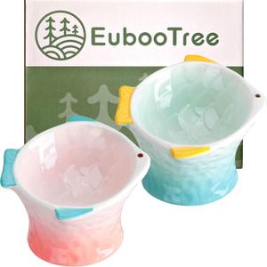 Ceramic Raised Cat Food Bowl, Shallow & Tilted, Anti Vomiting and Whisker Fatigue, Non-Slip, Cute Fish Shape Cat Feeding Bowls for Dry and Wet Food, for Kitten, Pink/Green, 2-Pack