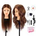 Mannequin Head with 100% Human Hair,22'' Real Hair Cosmetology Mannequin Manikin Head Hair Styling Hairdressing Practice Training Doll Head with Clamp Holder and Tools (Dark Brown Blue Eyes)