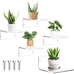 Yalikop 5 Pieces Small Floating Shelves for Wall 4'' Acrylic Mini Wall Shelf Acrylic Display Shelf Clear Hanging Shelves Room Decor for Bedroom, Bathroom, Living Room, Office