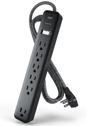 KMC 6-Outlet Surge Protector Power Strip 6 ft Cord, 1080J Power Surge Protector, Braided 6-Foot Long Extension Cord with Multiple Outlets, Power Strip Surge Protector, 6 Power Outlet Flat Plug, Black, Pack of 2