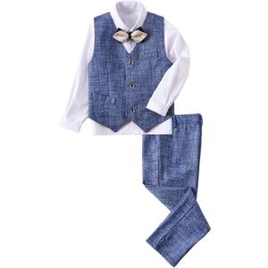 Boys Suit Formal Wedding Ringer Outfit Plaid Stripes 4 Piece Kids Suits for Boys Slim Fit Suit Blue Size 8 Vest Pants Shirt Set with Bow Tie Blue