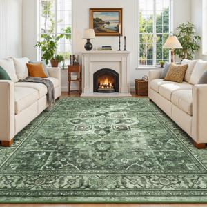 Sage Green 9x12 Vintage Boho Rug for Living Room - Washable Dining Room Rugs Under Table, Soft Low Pile Floral Moss Green Carpet for Bedroom, Non-Slip Bohemian Large Rug for High Traffic Area