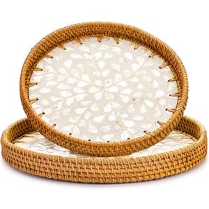 Frcctre 2 Pack Round Rattan Tray with Mother of Pearl Inlay, Rattan Serving Tray with Wooden Base, Decorative Wicker Basket for Bread Fruit Food Coffee Breakfast, Storage and Display, 2 Sizes
