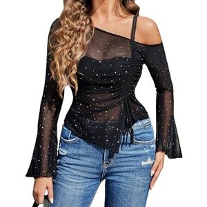 Avidlove Women Mesh Top Long Sleeve Rhinestone Tops Off Shoulder Bell Sleeve Drawstring Blouse Sheer Sparkly Shirt, Large, Black