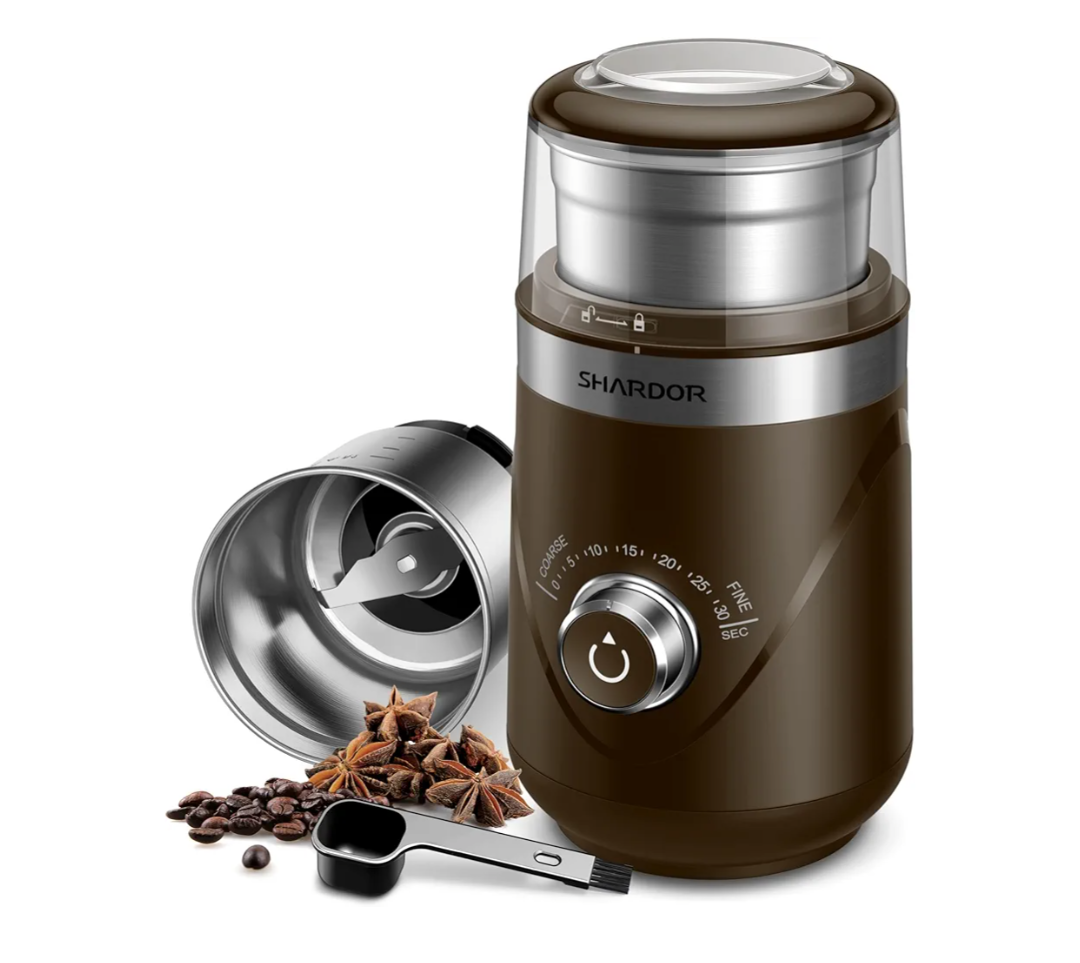 Electric Super Silent Blade Coffee Grinder, Timed Grind Control Rotary Knob, Adjustable Coarse to Fine for Coffee Beans, Spices & Herbs, with 1 Removable Stainless Steel Bowl, Brown