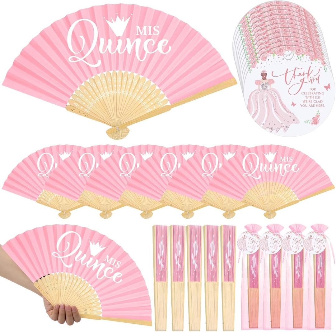 50 Sets Quinceanera Party Favors for Guests Mis Qunice Folding Paper Fans Bamboo Fans with Thank You Tags and Gift Bag Handheld Fans Sweet 15 Birthday Party Favors for Girls(Pink)