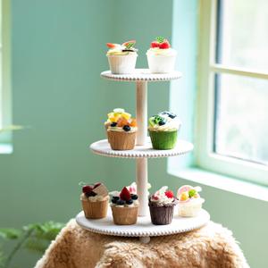 GENMOUS 3 Tier Beaded Cupcake Stand for Farmhouse Wedding Decor, Rustic Wood Cupcake Tower Holder for 24 Cupcakes, White Three Tiered Serving Tray Dessert Display Stand for Birthday Party Baby Shower