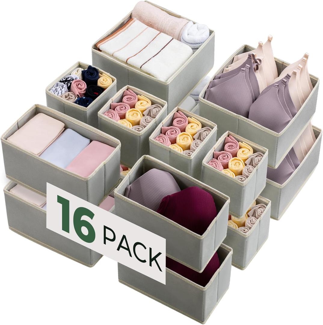 Kootek 16 Pack Drawer Organizer Clothes, Dresser Drawer Organizers for Clothing Fabric Foldable Closet Organizers and Storage Bins for Baby Clothes, Nursery, Underwear, Bras, Socks (Grey)