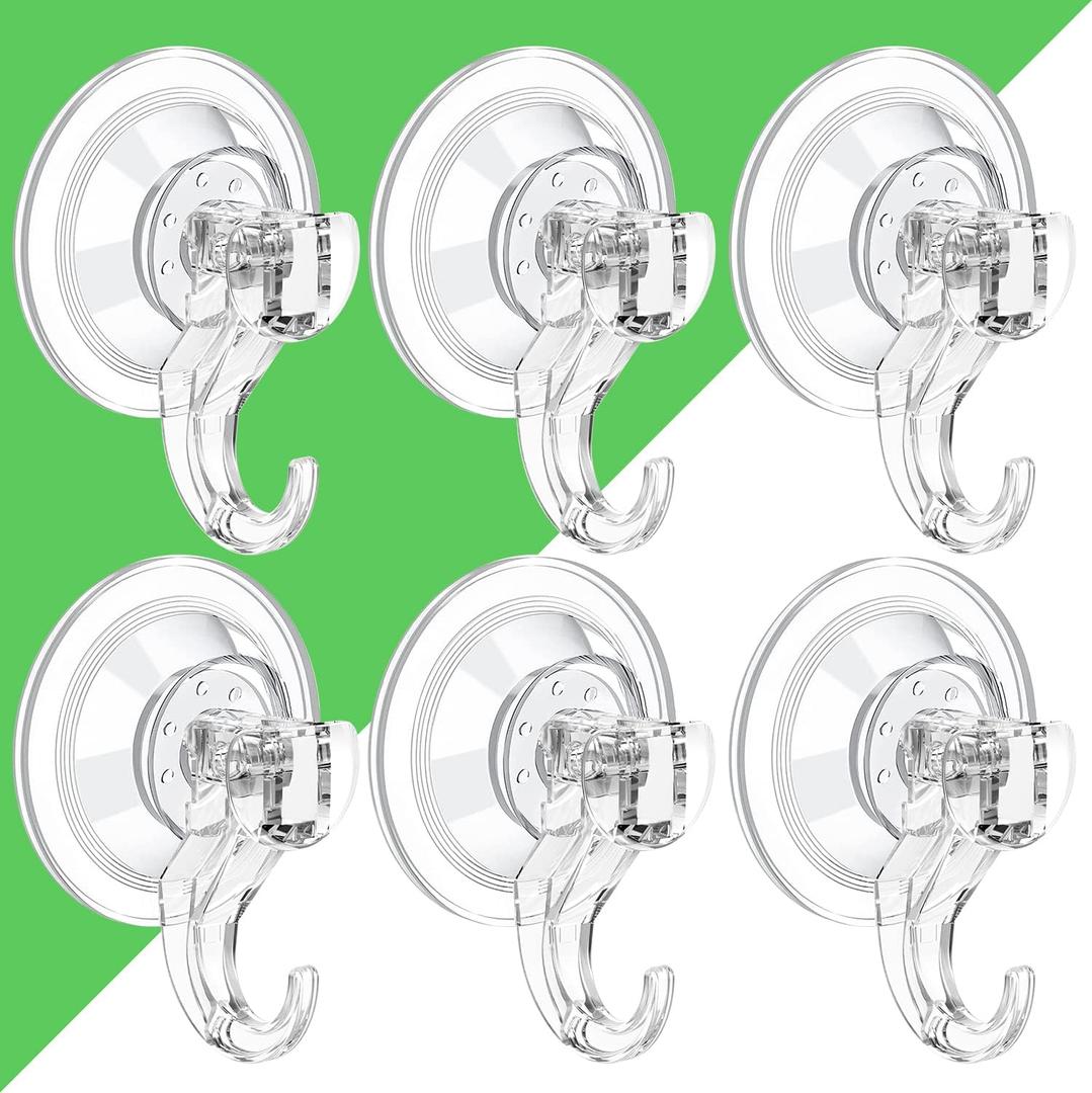 LUXEAR Suction Cup Hooks - 6 Pack Suction Hooks Reusable Powerful Waterproof - Clear Removable Suction Hanger for Shower,Tile,Bathroom,Towel,Kitchen,RV,Travel,Glass Door,Window