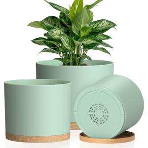Plant Pots, 10/9/8 Inch 3 Pack Cylindrical Flower Pots with Drainage Holes and Saucers, Plastic Planters for Outdoor Indoor Plants,Green Brown