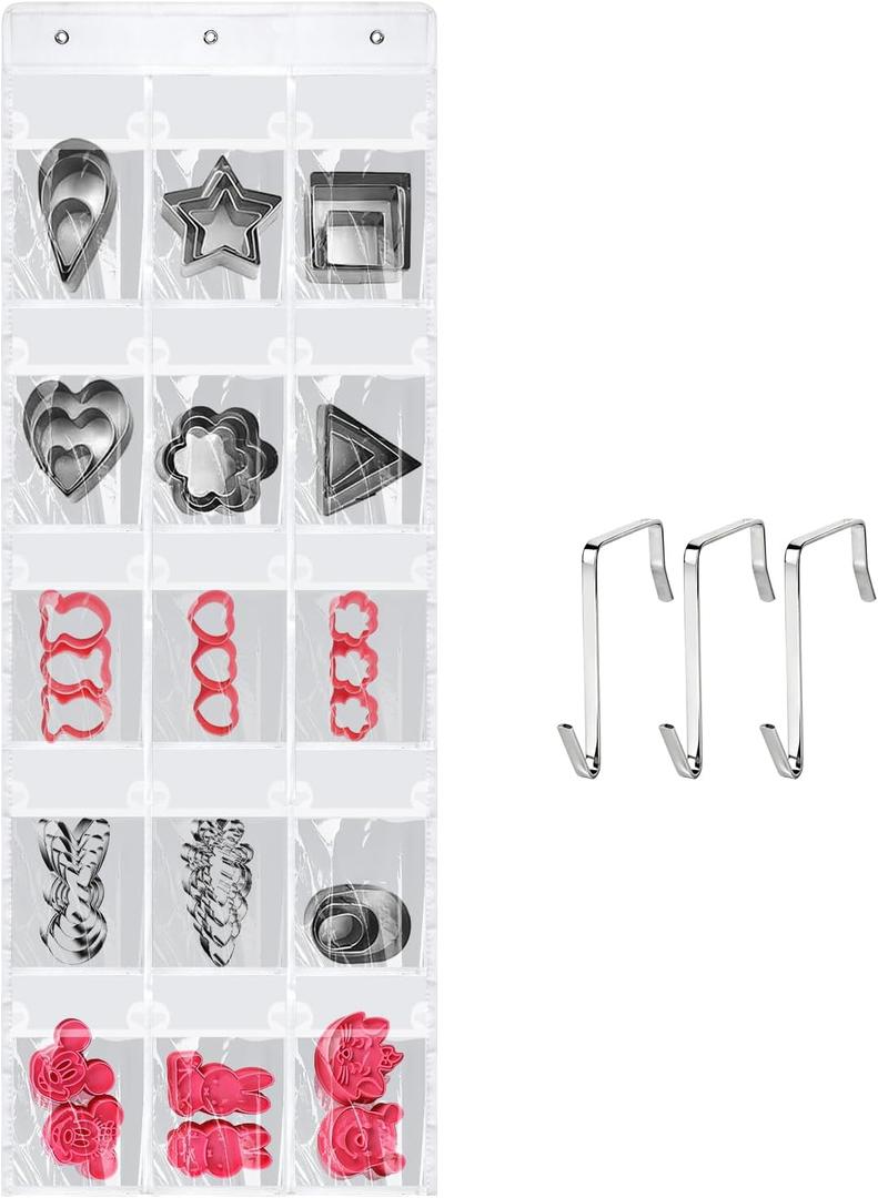Cookie Cutter Storage Bag, Cake Decorating Supplies Accessories Bag, 15 Large 7 x 5.5 inches Pockets Hanging Transparent Cookie Cutter Organizer on The Door, Baking Supplies Storage