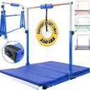 Foldable Gymnastic Bar for Kids Ages 3-20,5FT/6FT Horizontal Bar Base Length,Height Adjustable Kids Training Bar for Gymnastics,Gymnastics Equipment for Home Clubs (Three base connections, Blue-Mat)