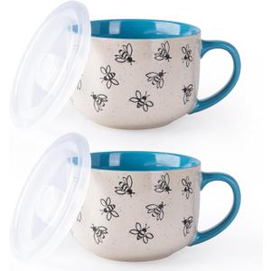 AmorArc 24 Ounces Ceramic Soup Mugs with Lids and Handle, Stoneware Bowls Cup Set of 2 for Coffee, Soup, Stew, Noodle. Beautiful Mug Bowls With Bees Patterns, Microwave&Dishwasher Safe, Blue