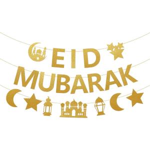 Netnology Eid Mubarak Banner Decorations, 10 ft Gold Glitter Pre-Strung Eid Mubarak Banner with Moon Star Ramadan Mosque for Islam Party Decorations No DIY Required