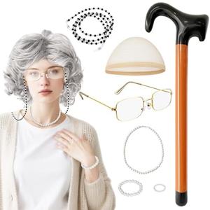 Jnnzzggu 8Pcs Old Lady Wig Set,Grey Wigs for Women,Old Lady Costume with Grandma Wig for Halloween,Party,Cosplay, 100 Days of School Costume