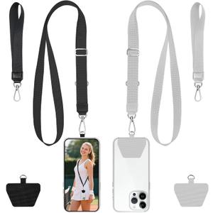 takyu Phone Lanyard, 2 Pack Crossbody Anti-Drop Neck and Wrist Strap with 2 Pcs Tether Patches, Secure Hands-Free Compatible for iPhone Samsung Perfect for Nurses, Teachers, Travel, Hiking Black+Gray