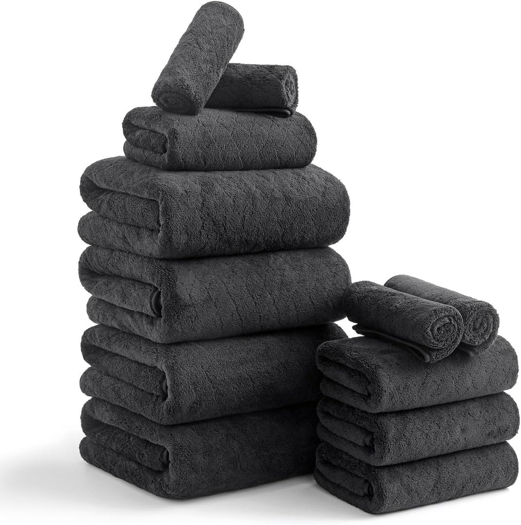 Luxury Bath Towels Set - 12 Piece (4 Large Bath Towels,4 Hand Towels,4 Washcloths), 100% Microfiber,Extra Absorbent Super Soft & Quick Dry,Complete Family Pack for Bathroom Gym Pool,Black
