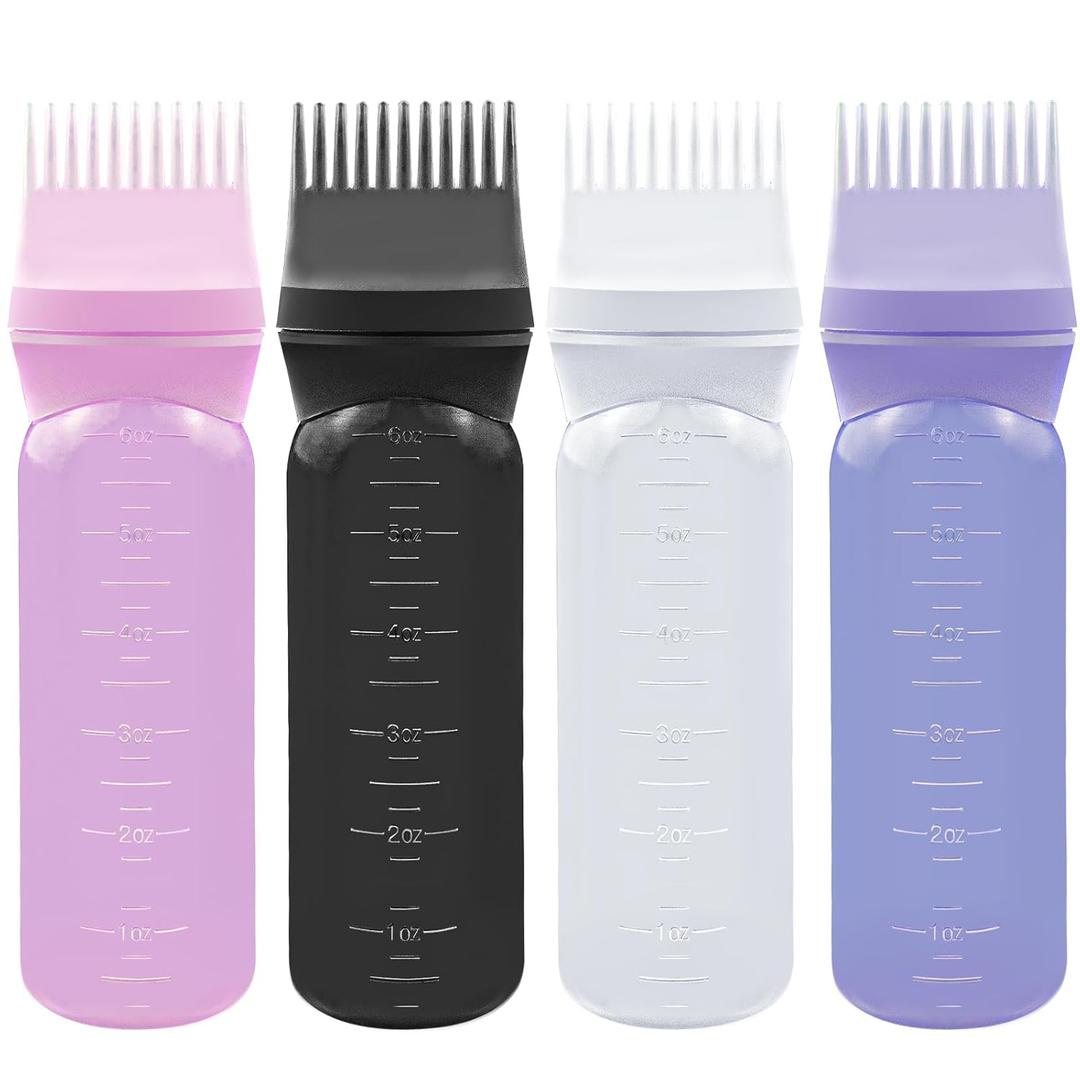 ELANE 4 Pack Root Comb Applicator Bottle,Hair Oiling applicator,Oil Comb Applicator,Hair Bottle Applicator for Hair Dye Shampoos Hair Salons. (Black+white+purple+pink)