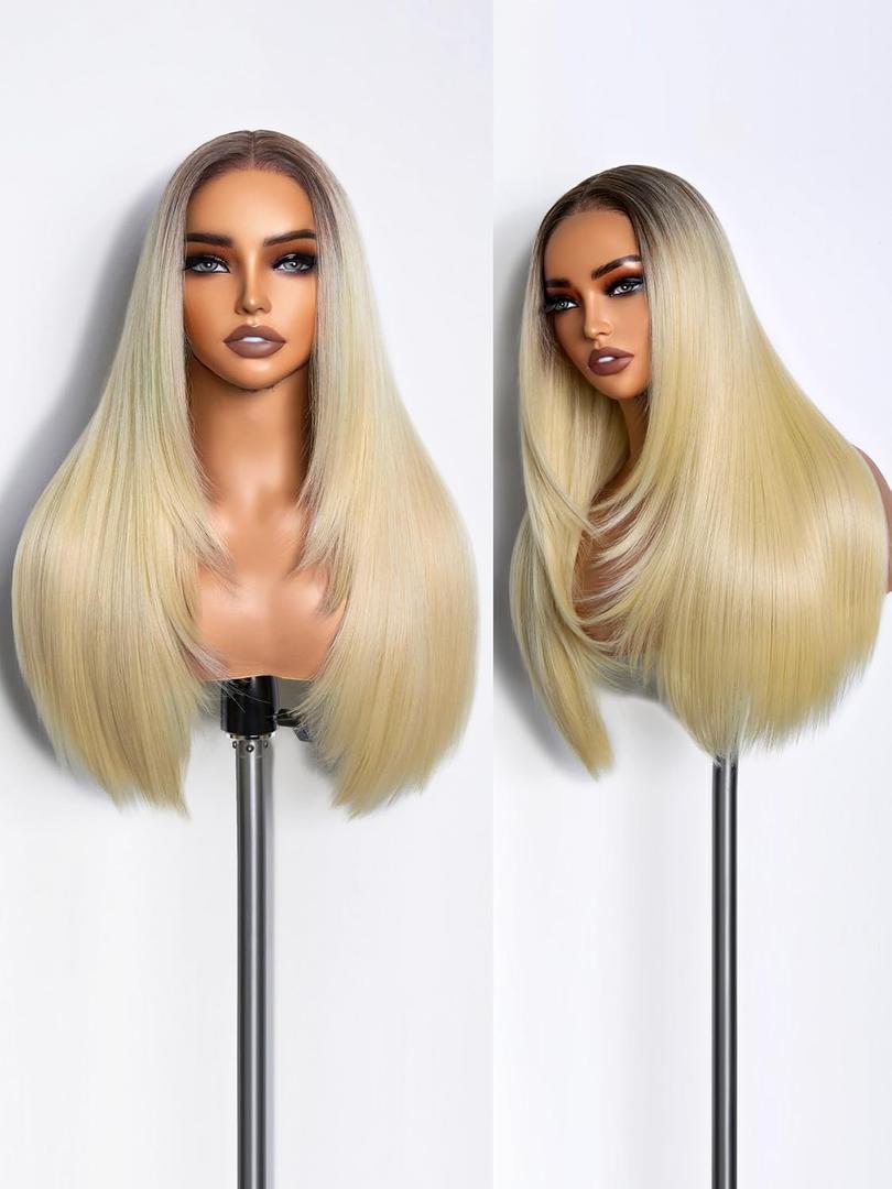 GORGIUS 613 Blonde Straight Lace Front Wigs Pre Cut Glueless Synthetic Layered Wig 24 Inch