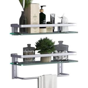 VOLPONE Glass Bathroom Shelf 15.7in Bathroom Shelf Wall Mounted Floating Glass Shelves with Towel Holder Glass Shower Shelf 2 Tier (Sliver)