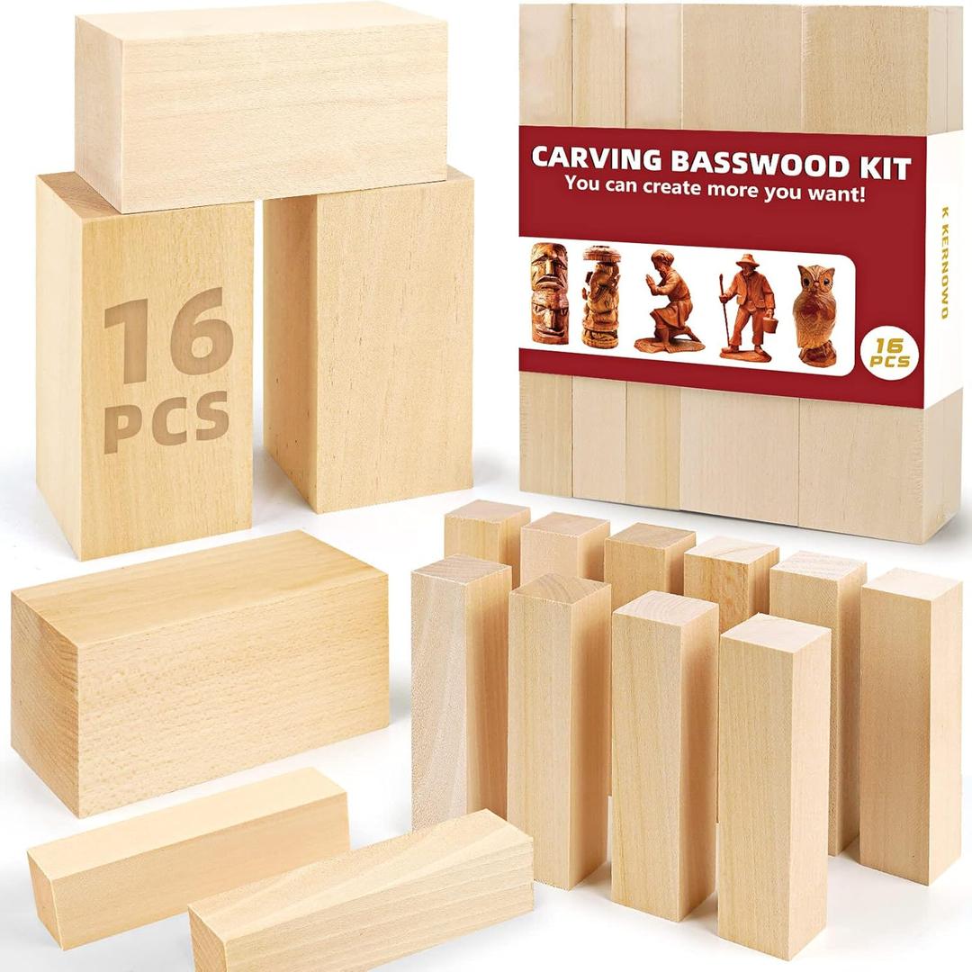 Basswood Carving Blocks, 16PCS Whittling Wood Blocks Kit with 2 Different Sizes, Easy to Use, for Kids and Adults