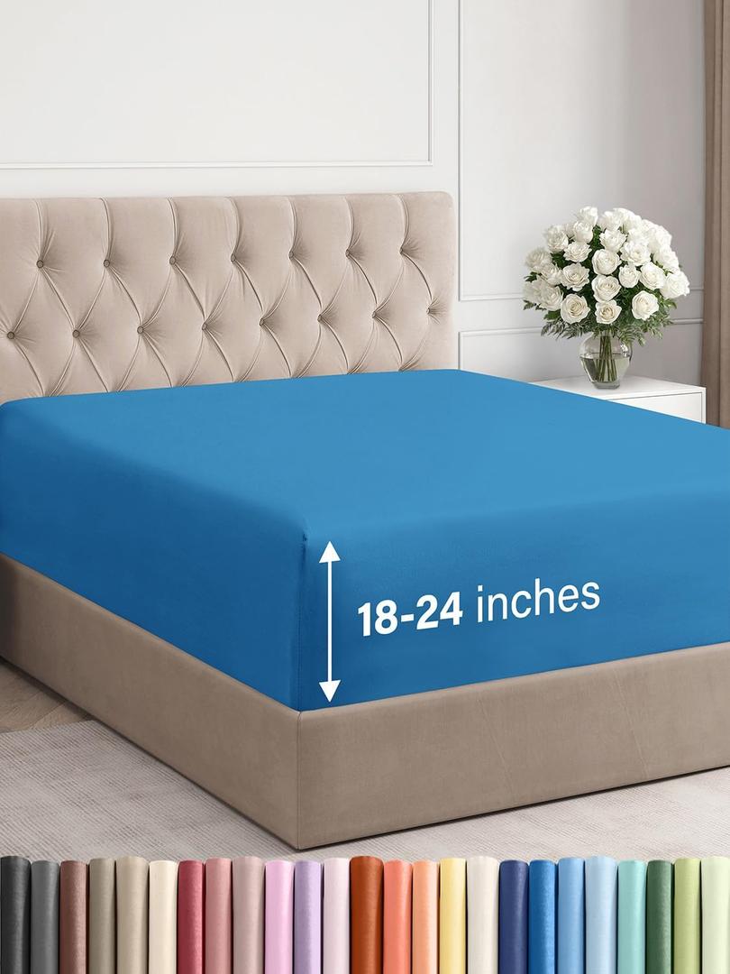 Extra Deep Queen Fitted Sheet - Hotel Luxury Single Fitted Sheet Only - Easily Fits 18 inch to 24 inch Mattress - Ultra Soft, Wrinkle & Fade Free w/Extra Deep Pocket - Breathable & Comfy - Denim Blue