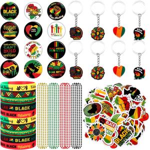 Blosssound 98 Pcs Black History Month Decorations Prizes Black History Gifts Set with Bulk Keychain Rubber Bracelet Bead Necklace Sticker Button Pin for Afro African American Party Favors Supplies