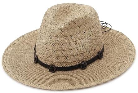GEMVIE Womens Mens Straw Panama Hat Wide Brim Fedora Summer Beach Sun Hat UPF50+ Straw Hat for Unisex Khaki