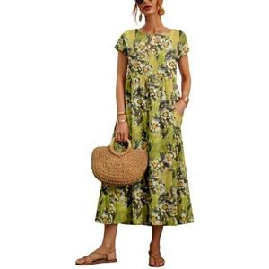 Larmliss Baggy Crew Neck Dress for Women Summer Casual Comfy Cotton Short Sleeve Tunic Beach Maxi Dresses with Pockets Size 2XL