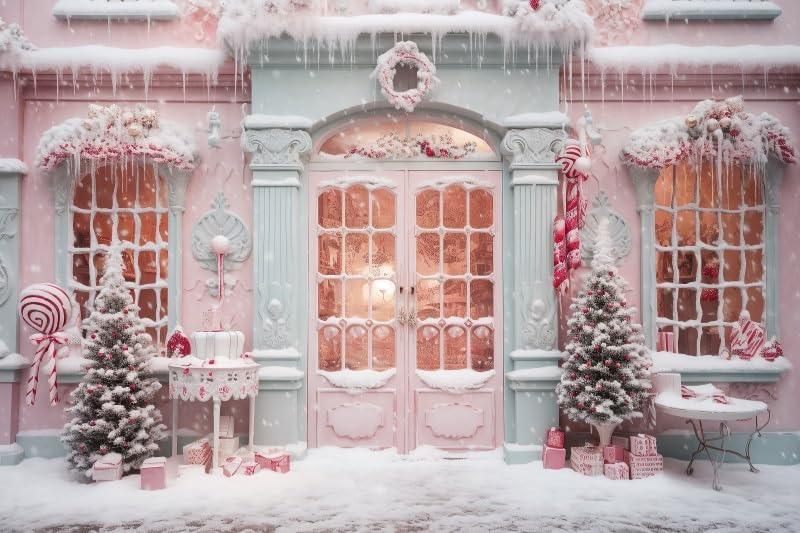 10x8ft Pink Christmas Decorations Backdrop Wonderland Winter Xmas Pink Candy Castle Christmas Tree Background Sweet Candy Cottage Snow Snowflake New Year Birthday Banner Photo Booth