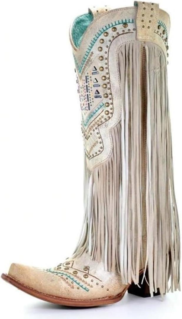 LISHAN Women's Western Cowboy Cowgirl Boots Fringed Tassel Block Heels Embroidered Calf High Boots (13, Beige)