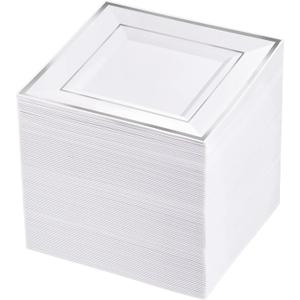 bUCLA 100PCS White and Silver Square Plastic Plates - 6inch Disposable Dessert Plates - Suitable for Weddings, Parties, Christmas