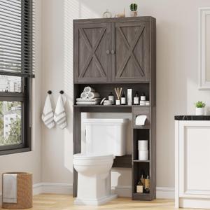 Over The Toilet Storage Cabinet, Farmhouse Storage Cabinet Bathroom Organizers with Barn Door Home Space-Saving Toilet Rack with Anti-Tip Device & Adjustable Shelf (The Door is Above, Rustic Grey)