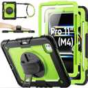 SEYMAC stock Case for iPad Pro 11-inch M5-M4 2025-2024, Shockproof Heavy Duty Case with Screen Protector, Pencil Holder, Rotating Stand, Hand Strap, Shoulder Strap, Green