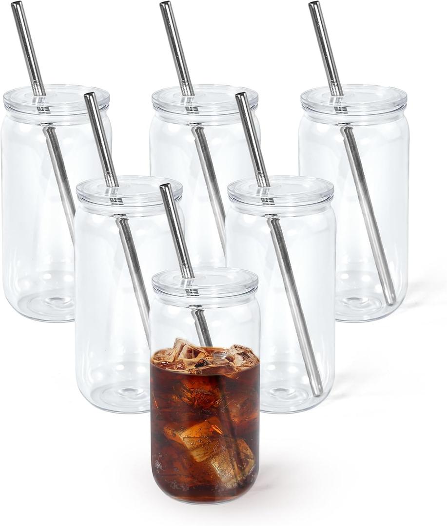 Icesip 16oz Acrylic Mason Jar Cups, Clear Cups with Plastic Lids and Straws, Iced Coffee Cup Drinking Glass Tumbler for Whiskey, Soda, Tea, Juice, Gift, 6pcs