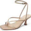 LOOPCHARM Women's Kitten Heel Strappy Open Square Toe Thong Ankle Strap Heels for Wedding 9