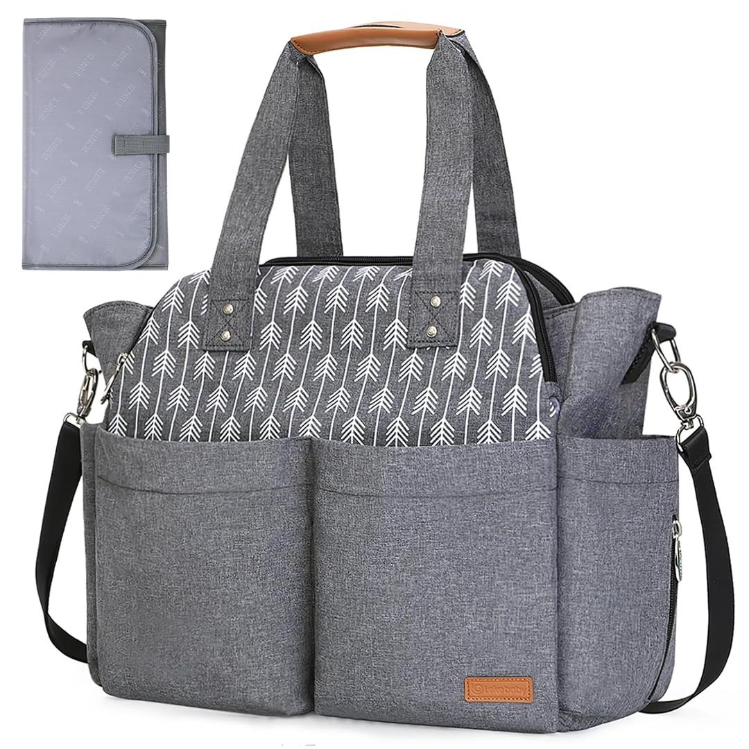 Lekebaby Diaper Bag Tote, Large Diaper Bags Waterproof,Large Mommy Bag for Hospital, Baby Bags for Mom Travel Diaper Tote Messenger Purse,Grey, Arrow Print (Dark Gray)